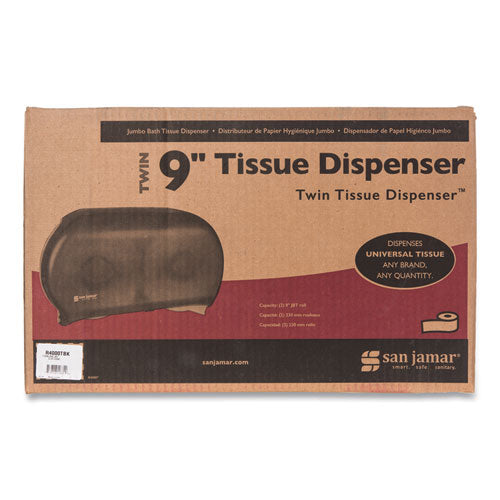 Image of San Jamar® R4000TBK Twin 9" Jumbo BathTissue Dispenser, Classic, 19 x 5.25 x 12, Transparent Black Pearl