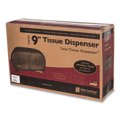 Image of San Jamar® R4000TBK Twin 9" Jumbo BathTissue Dispenser, Classic, 19 x 5.25 x 12, Transparent Black Pearl