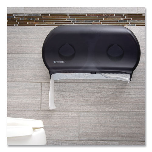 Image of San Jamar® R4000TBK Twin 9" Jumbo BathTissue Dispenser, Classic, 19 x 5.25 x 12, Transparent Black Pearl