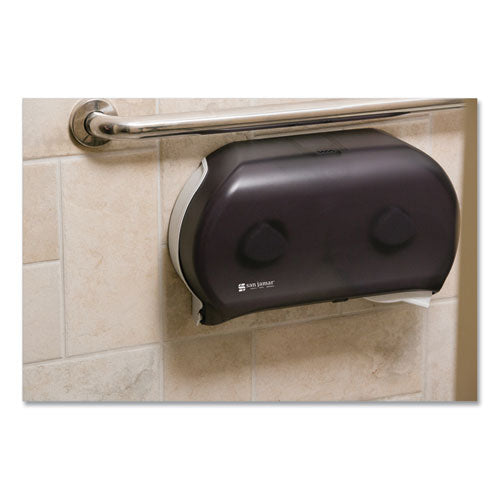 Image of San Jamar® R4000TBK Twin 9" Jumbo BathTissue Dispenser, Classic, 19 x 5.25 x 12, Transparent Black Pearl