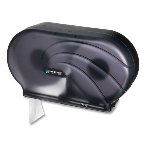 Image of San Jamar® R4090TBK Twin 9" JBT Toilet Tissue Dispenser, Oceans, 19 x 5.25 x 12, Transparent Black Pearl