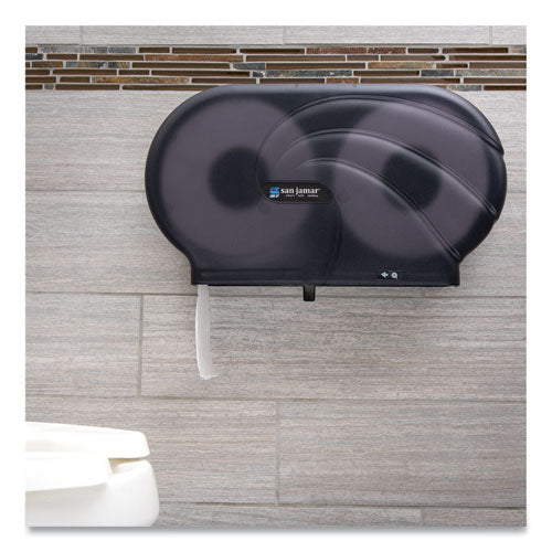 Image of San Jamar® R4090TBK Twin 9" JBT Toilet Tissue Dispenser, Oceans, 19 x 5.25 x 12, Transparent Black Pearl