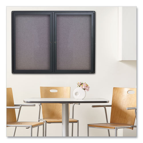 Image of Quartet® 2364L Enclosed Indoor Fabric Bulletin Board with Two Hinged Doors, 48" x 36", Gray Surface, Graphite Gray Aluminum Frame