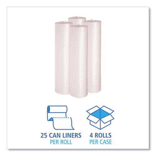 Image of Boardwalk® X8647SCKR01 Recycled Low-Density Polyethylene Can Liners, 56 gal, 1.1 mil, 43" x 47", Clear, Perforated, 10 Bags/Roll, 10 Rolls/Carton
