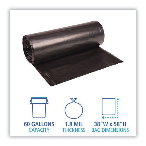 Image of Boardwalk® X7658WKKR02 Recycled Low-Density Polyethylene Can Liners, 60 gal, 1.8 mil, 38" x 58", Black, Perforated, 10 Bags/Roll, 10 Rolls/Carton