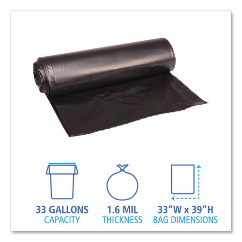Image of Boardwalk® X6639XKKR01 Recycled Low-Density Polyethylene Can Liners, 33 gal, 1.6 mil, 33" x 39", Black, Perforated, 10 Bags/Roll, 10 Rolls/Carton