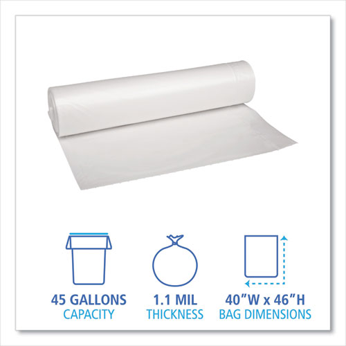 Image of Boardwalk® X8046SCKR01 Recycled Low-Density Polyethylene Can Liners, 45 gal, 1.1 mil, 40" x 46", Clear, Perforated, 10 Bags/Roll, 10 Rolls/Carton