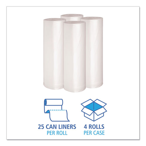 Image of Boardwalk® X8046DCKR01 Recycled Low-Density Polyethylene Can Liners, 45 gal, 1.4 mil, 40" x 46", Clear, Perforated, 10 Bags/Roll, 10 Rolls/Carton