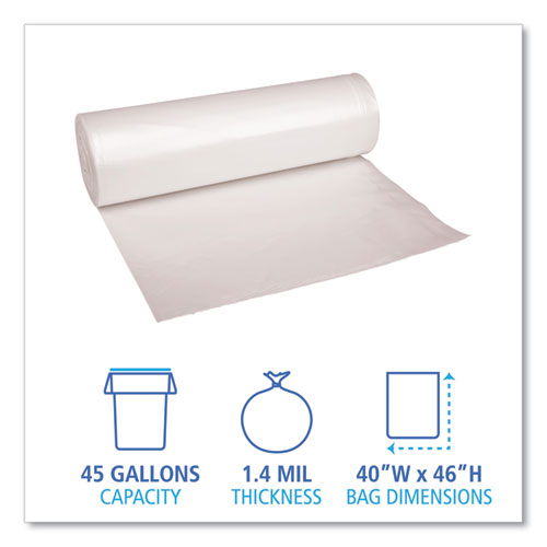 Image of Boardwalk® X8046DCKR01 Recycled Low-Density Polyethylene Can Liners, 45 gal, 1.4 mil, 40" x 46", Clear, Perforated, 10 Bags/Roll, 10 Rolls/Carton