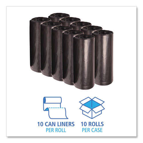 Image of Boardwalk® X7658WKKR02 Recycled Low-Density Polyethylene Can Liners, 60 gal, 1.8 mil, 38" x 58", Black, Perforated, 10 Bags/Roll, 10 Rolls/Carton