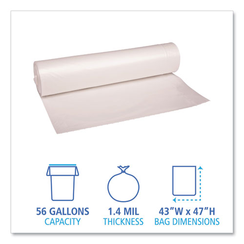 Image of Boardwalk® X8647DCKR01 Recycled Low-Density Polyethylene Can Liners, 56 gal, 1.4 mil, 43" x 47", Clear, Perforated, 10 Bags/Roll, 10 Rolls/Carton