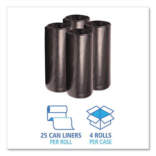 Image of Boardwalk® X7658XKKR01 Recycled Low-Density Polyethylene Can Liners, 60 gal, 1.6 mil, 38" x 58", Black, Perforated, 10 Bags/Roll, 10 Rolls/Carton