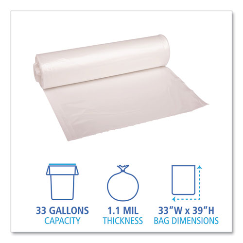 Image of Boardwalk® X6639SCKR01 Recycled Low-Density Polyethylene Can Liners, 33 gal, 1.1 mil, 33" x 39", Clear, Perforated, 10 Bags/Roll, 10 Rolls/Carton