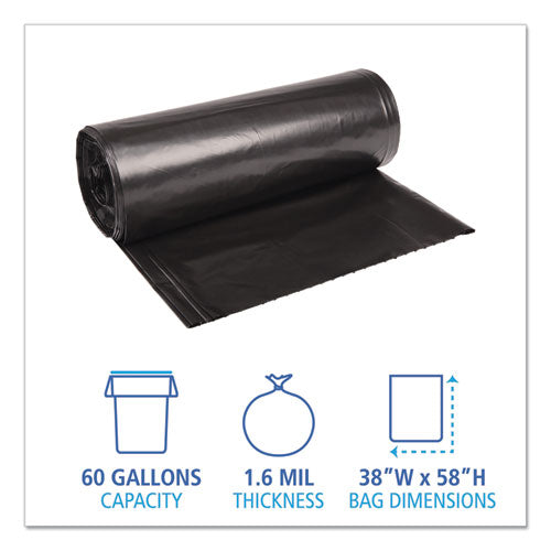 Image of Boardwalk® X7658XKKR01 Recycled Low-Density Polyethylene Can Liners, 60 gal, 1.6 mil, 38" x 58", Black, Perforated, 10 Bags/Roll, 10 Rolls/Carton