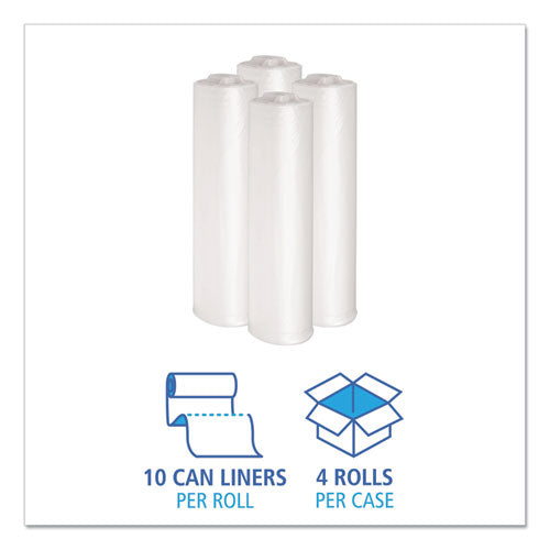 Image of Boardwalk® X6639SCKR01 Recycled Low-Density Polyethylene Can Liners, 33 gal, 1.1 mil, 33" x 39", Clear, Perforated, 10 Bags/Roll, 10 Rolls/Carton