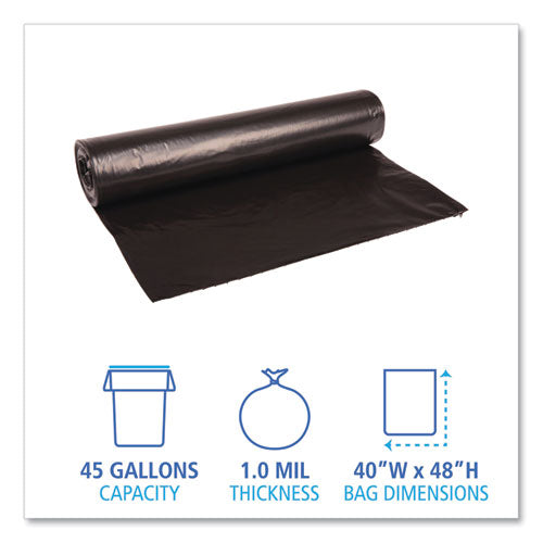 Image of Boardwalk® H8048EKKR01 Recycled Low-Density Polyethylene Can Liners, 45 gal, 0.8 mil, 40" x 48", Black, Perforated, 10 Bags/Roll, 10 Rolls/Carton