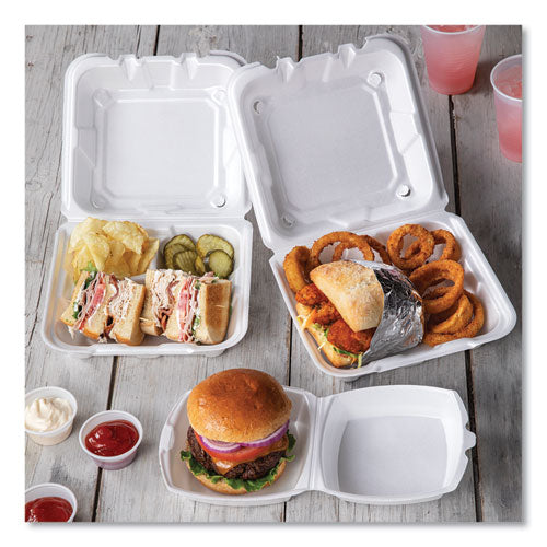 Image of Pactiv Evergreen YTD188030000 Vented Foam Hinged Lid Container, Dual Tab Lock, 3 Compartments, 8.4 x 8 x 3, White, 150/Carton
