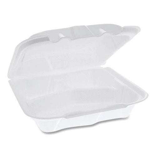 Image of Pactiv Evergreen YTD188030000 Vented Foam Hinged Lid Container, Dual Tab Lock, 3 Compartments, 8.4 x 8 x 3, White, 150/Carton