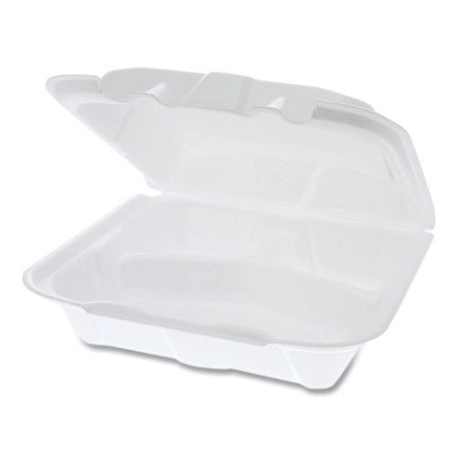Image of Pactiv Evergreen YTD188030000 Vented Foam Hinged Lid Container, Dual Tab Lock, 3 Compartments, 8.4 x 8 x 3, White, 150/Carton