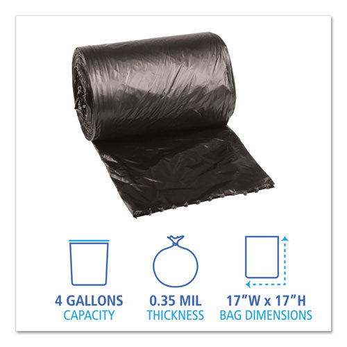 Image of Boardwalk® H3417RKKR01 Low-Density Waste Can Liners, 4 gal, 0.35 mil, 17" x 17", Black, Perforated Roll, 50 Bags/Roll, 20 Rolls/Carton