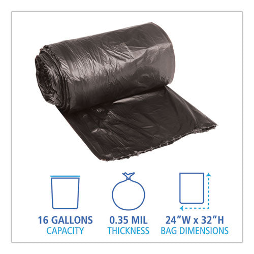 Image of Boardwalk® H4832RKKR01 Low-Density Waste Can Liners, 16 gal, 0.35 mil, 24" x 32", Black, Perforated Roll, 50 Bags/Roll, 10 Rolls/Carton