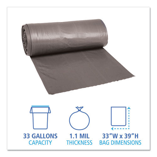 Image of Boardwalk® H6639SGKR01 Low-Density Waste Can Liners, 33 gal, 1.1 mil, 33" x 39", Gray, Perforated Roll, 25 Bags/Roll, 4 Rolls/Carton