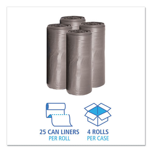 Image of Boardwalk® H6639SGKR01 Low-Density Waste Can Liners, 33 gal, 1.1 mil, 33" x 39", Gray, Perforated Roll, 25 Bags/Roll, 4 Rolls/Carton