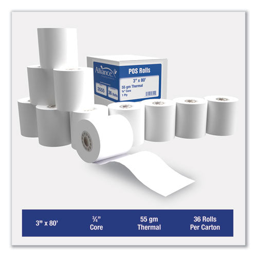 Image of Alliance 3555 Thermal Cash Register/pos Roll, 3" X 80 Ft, White, 36/carton