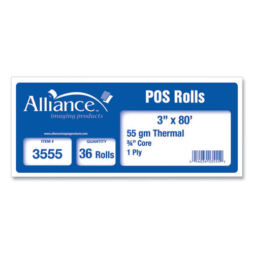 Image of Alliance 3555 Thermal Cash Register/pos Roll, 3" X 80 Ft, White, 36/carton