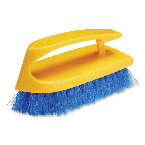 Image of Rubbermaid® Commercial FG648200COBLT Iron-Shaped Handle Scrub Brush, Blue Polypropylene Bristles, 6" Brush, 6" Yellow Plastic Handle