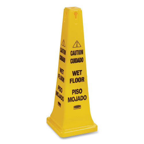 Image of Rubbermaid® Commercial FG627677YEL Multilingual Wet Floor Safety Cone, 12.25 x 12.25 x 36, Yellow