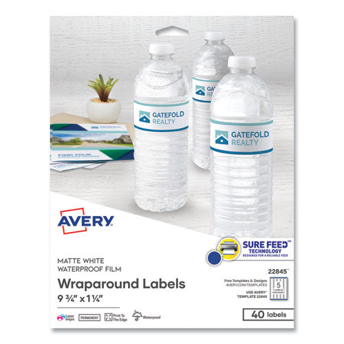 Image of Avery® 22845 Water-Resistant Wraparound Labels w/ Sure Feed, 9.75 x 1.25, White, 40/Pack