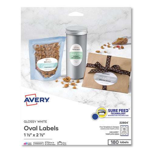 Image of Avery® 22804 Oval Labels with Sure Feed and Easy Peel, 1.5 x 2.5, Glossy White, 180/Pack