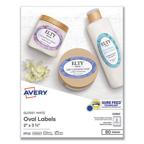 Image of Avery® 22820 Oval Labels W/ Sure Feed And Easy Peel, 2 X 3.33, Glossy White, 80/pack