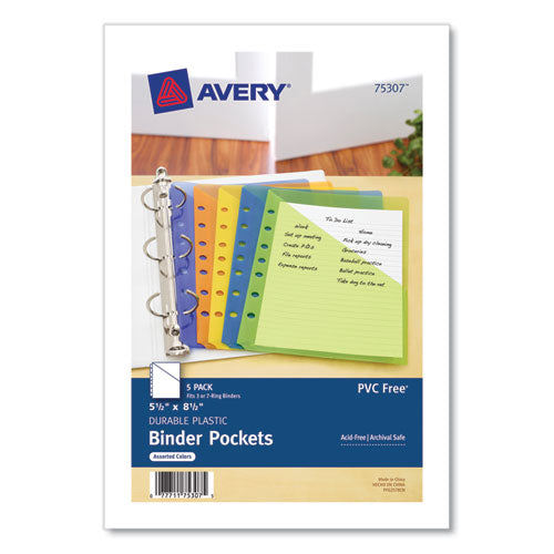 Image of Avery® 75307 Small Binder Pockets, Standard, 7-Hole Punched, Assorted, 9.25 x 5.5, 5/Pack