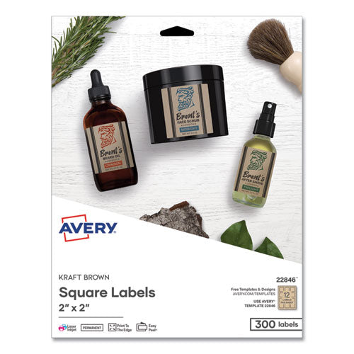 Image of Avery® 22846 Square Print-To-The-Edge Labels, Inkjet/laser Printers, 2 X 2, Kraft Brown, 12/sheet, 25 Sheets/pack