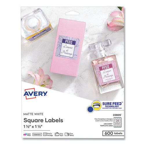 Image of Avery® 22805 Square Labels with Sure Feed and TrueBlock, 1.5 x 1.5, White, 600/Pack