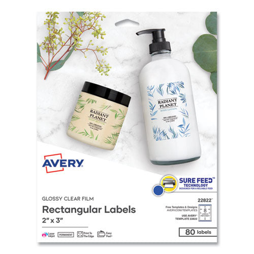 Image of Avery® 22822 Print-To-The-Edge Labels With Sure Feed And Easy Peel, 2 X 3, Glossy Clear, 80/pack