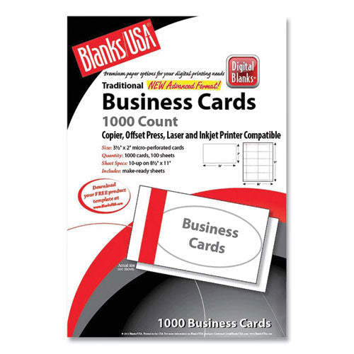 Image of Blanks/USA® BCT10B6WH Printable Microperforated Business Cards, Copier/Inkjet/Laser/Offset, 2 x 3.5, White, 10/Sheet, 100 Sheets/Pack