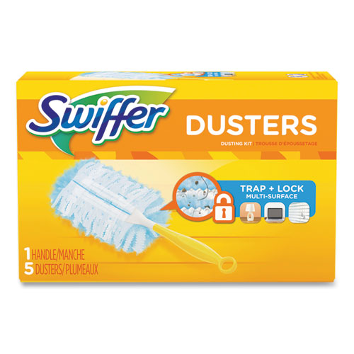 Image of Swiffer® 11804 Dusters Starter Kit, Dust Lock Fiber, 6" Handle with Five Refill Dusters, Blue/Yellow, 6/Carton