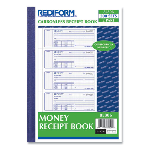 Image of Rediform® 8L806 Money Receipt Book, Softcover, Two-Part Carbonless, 7 x 2.75, 4 Forms/Sheet, 200 Forms Total