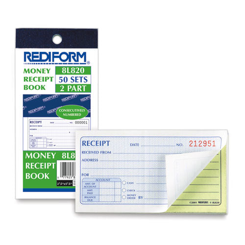 Image of Rediform® 8L820 Small Money Receipt Book, Two-Part Carbonless, 2.75 x 5, 50 Forms Total