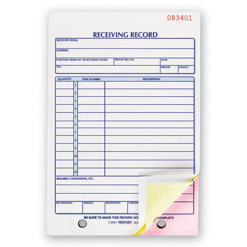 Image of Rediform® 2L260 Receiving Record Book, Three-Part Carbonless, 5.56 x 7.94, 50 Forms Total
