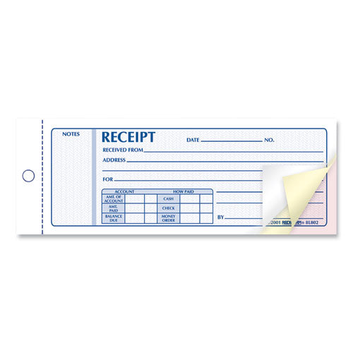 Image of Rediform® 8L802 Receipt Book, Three-Part Carbonless, 7 x 2.75, 4 Forms/Sheet, 50 Forms Total