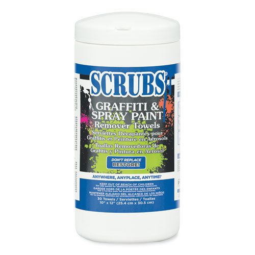 Image of SCRUBS® 90130 Graffiti and Spray Paint Remover Towels, Citrus, 10 x 12, Neutral Scent, White/Orange, 30/Canister, 6 Canisters/Carton