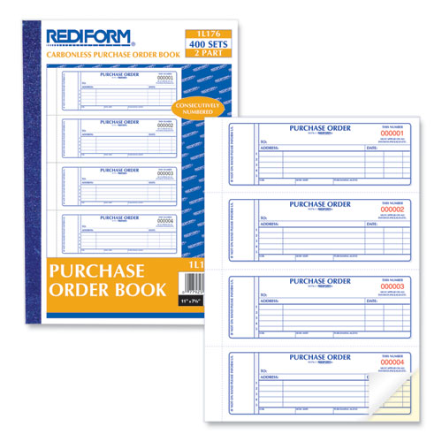 Image of Rediform® RED1L176 Purchase Order Book, 5 Lines, Two-Part Carbonless, 7 x 2.75, 4 Forms/Sheet, 400 Forms Total