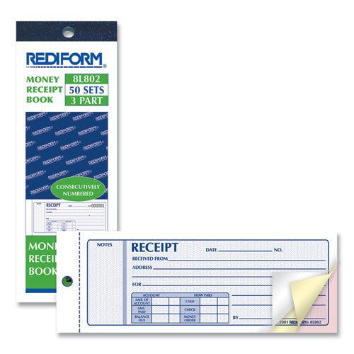 Image of Rediform® 8L802 Receipt Book, Three-Part Carbonless, 7 x 2.75, 4 Forms/Sheet, 50 Forms Total