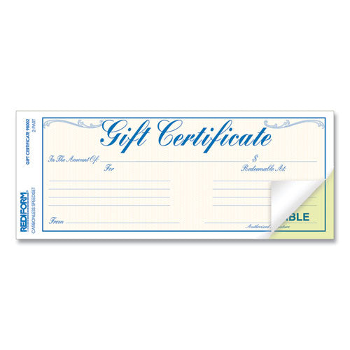 Image of Rediform® 98002 Gift Certificates With Envelopes, 8.5 X 3.67, Blue/gold With Blue Border, 25/pack