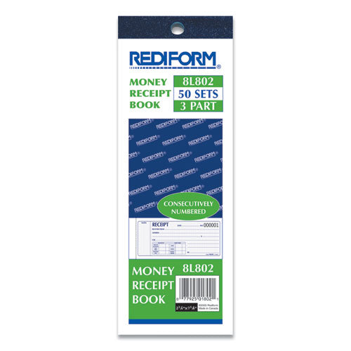 Image of Rediform® 8L802 Receipt Book, Three-Part Carbonless, 7 x 2.75, 4 Forms/Sheet, 50 Forms Total