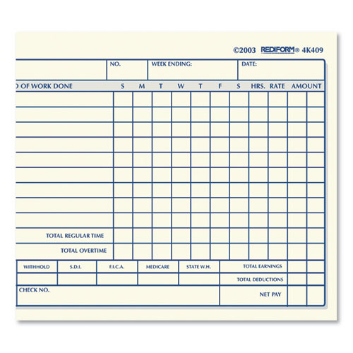 Image of Rediform® 4K409 Weekly Employee Time Cards, Sunday-Saturday, One Side, 4.25 x 7, 100/Pad